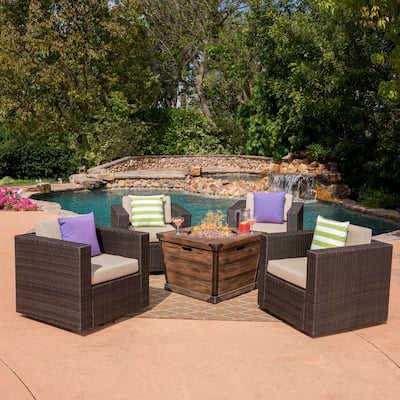 Maaroaro Outdoor 5 Piece Wicker Swivel Club Chair and Fire Pit Set by Christopher Knight Home