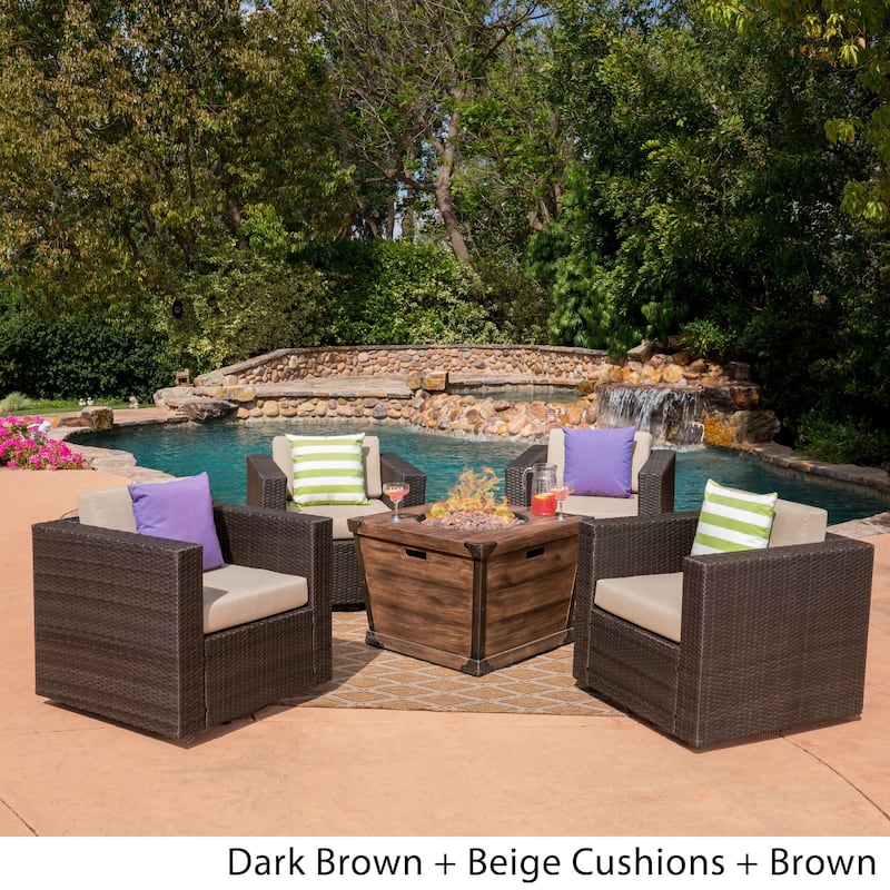 Maaroaro Outdoor 5 Piece Wicker Swivel Club Chair and Fire Pit Set by Christopher Knight Home - dark brown + beige cushion