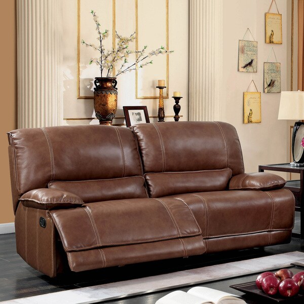 Furniture of America Gika Transitional Brown Leather Reclining Sofa