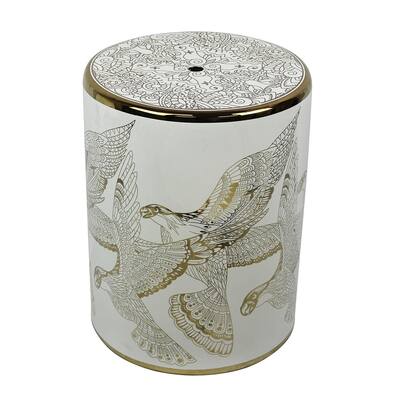 Sagebrook Home 12057-03 Ceramic Bird Design Garden Stool, Gold/White Ceramic, 13.25 x 13.25 x 17.25 Inches