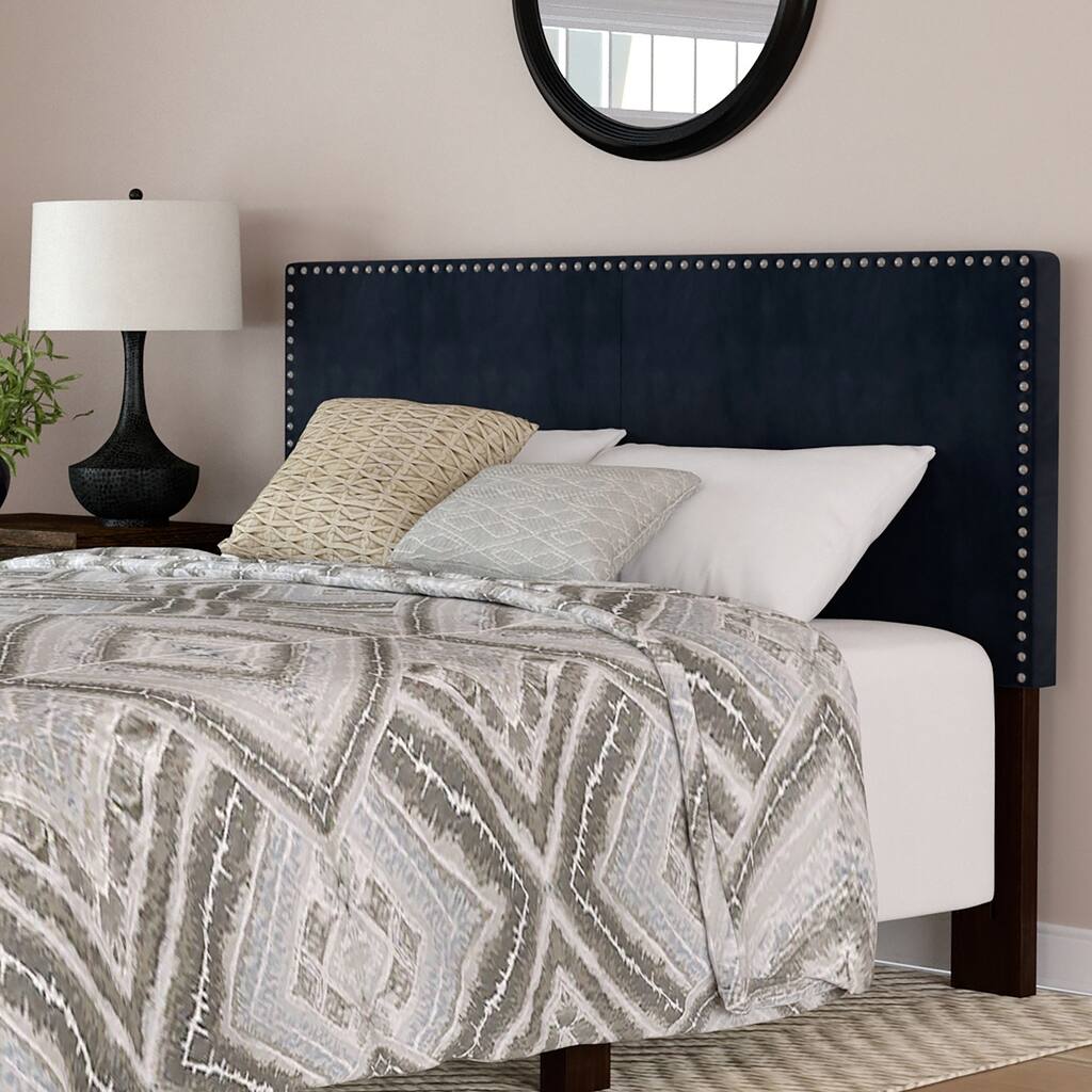 Handy Living Megan Navy Blue Velvet Upholstered Queen Headboard