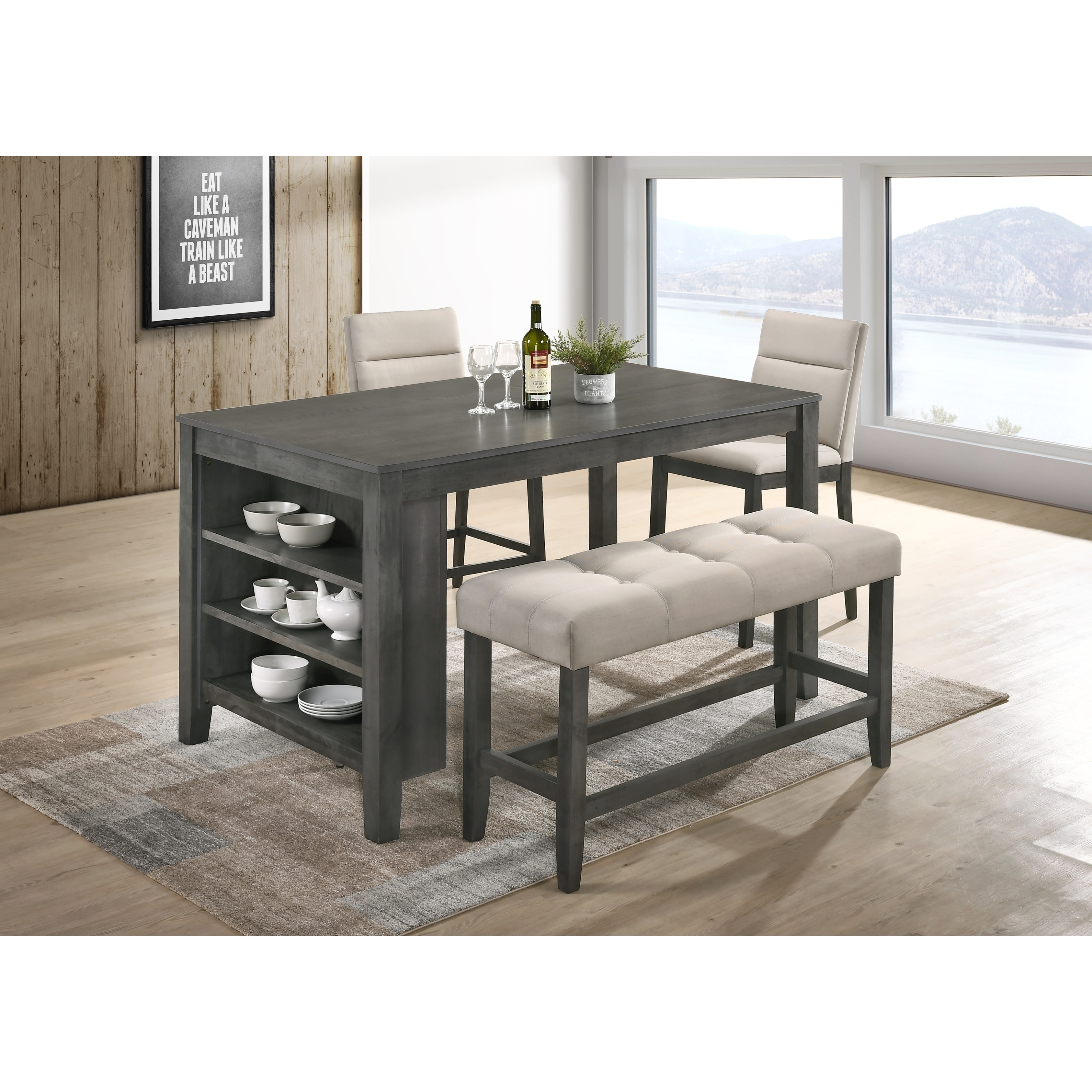 Best Quality Furniture Rustic Gray 4 Piece Counter Height Dining Set with 3 Shelf Storage