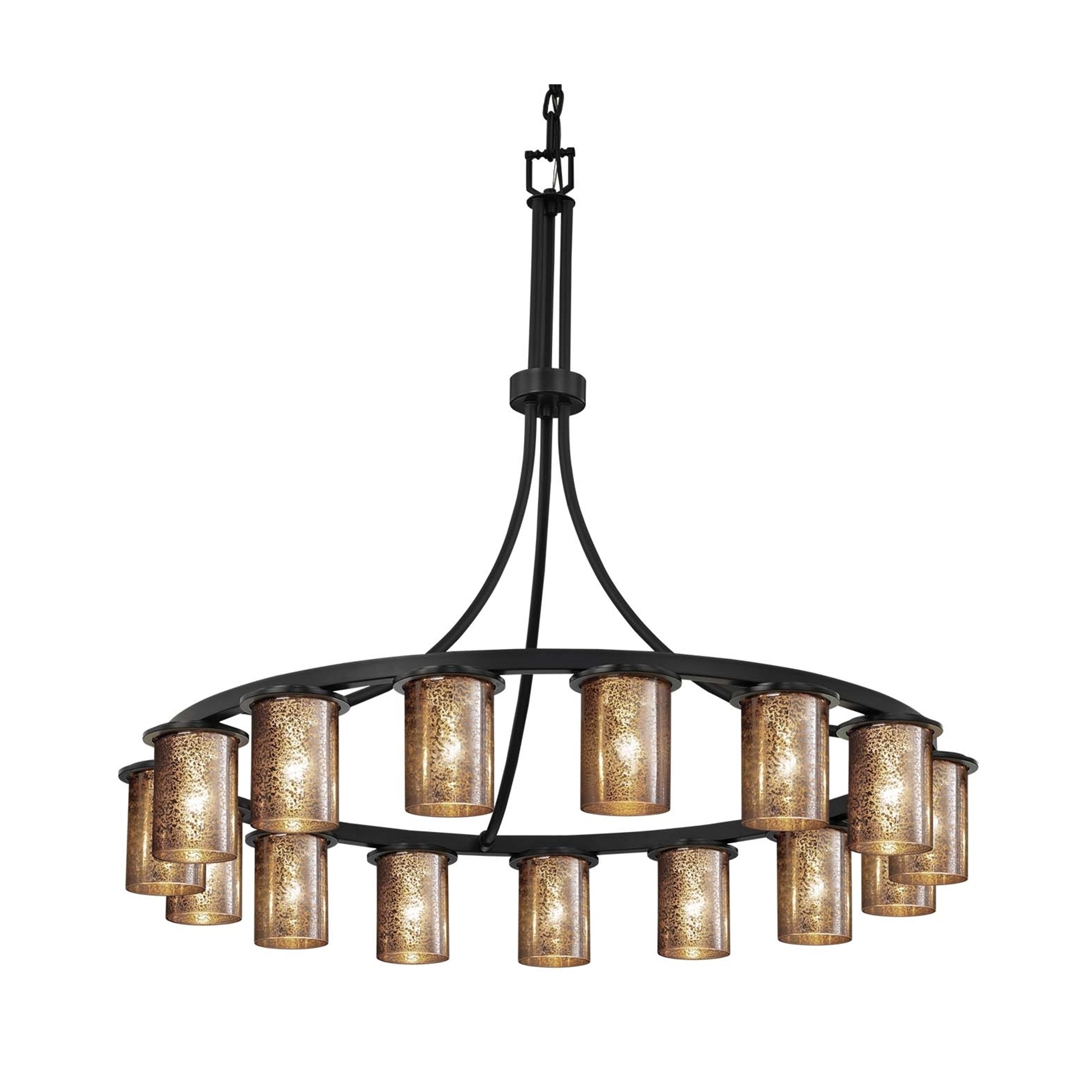 Justice Design Group Fusion Dakota 15-light Matte Black Downlight Chandelier, Mercury Glass Cylinder w/ Flat Rim Shade - Chandeliers For Bedrooms by Overstock.com