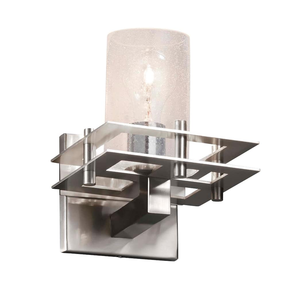 Justice Design Fusion Metropolis 1-light Brushed Nickel Wall Sconce (2 Flat Bars), Seeded Cylinder w/ Flat Rim Shade