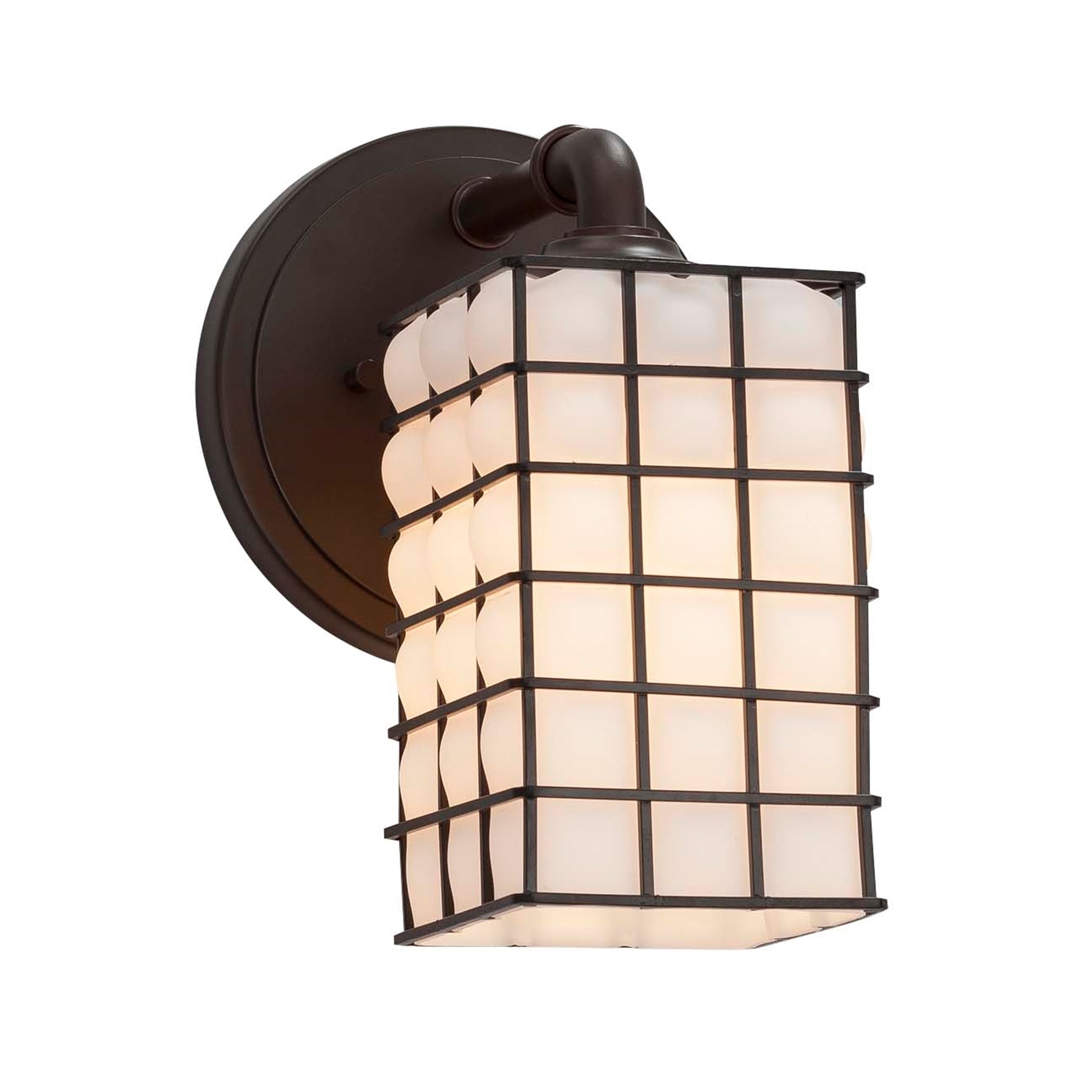 Justice Design Wire Glass Bronx 1-light Dark Bronze Wall Sconce, Grid with Opal Square w/ Flat Rim Shade