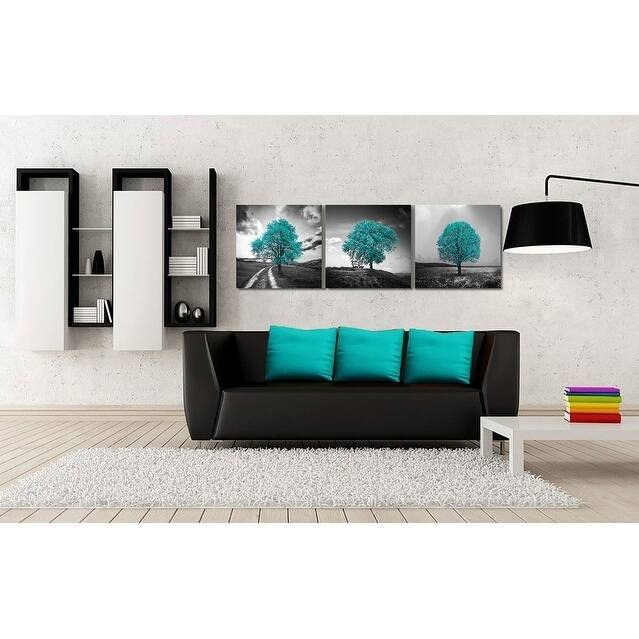 Epic Graffiti "Vibrant Tree Series: Cyan Triptych (Set of 3)" Giclee Canvas Wall Art, 36" x 12"