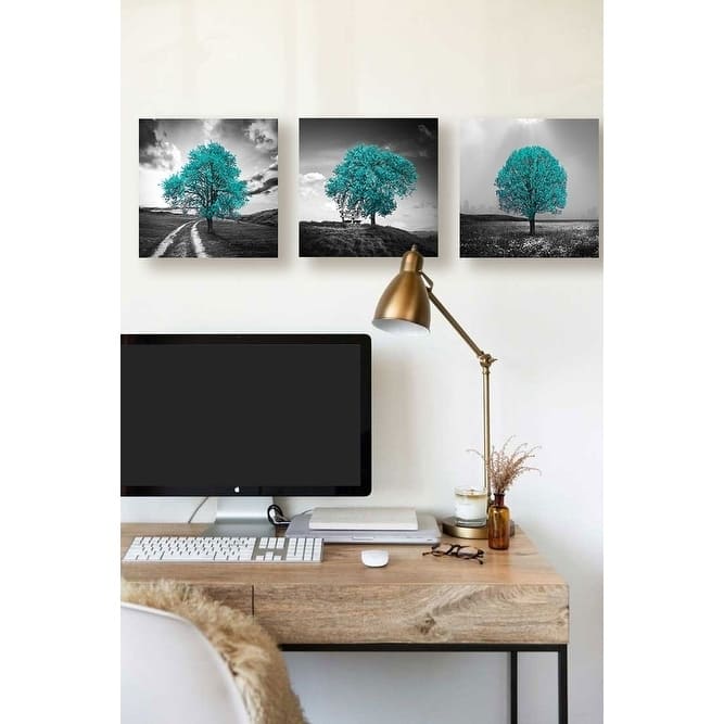 Epic Graffiti "Vibrant Tree Series: Cyan Triptych (Set of 3)" Giclee Canvas Wall Art, 36" x 12"