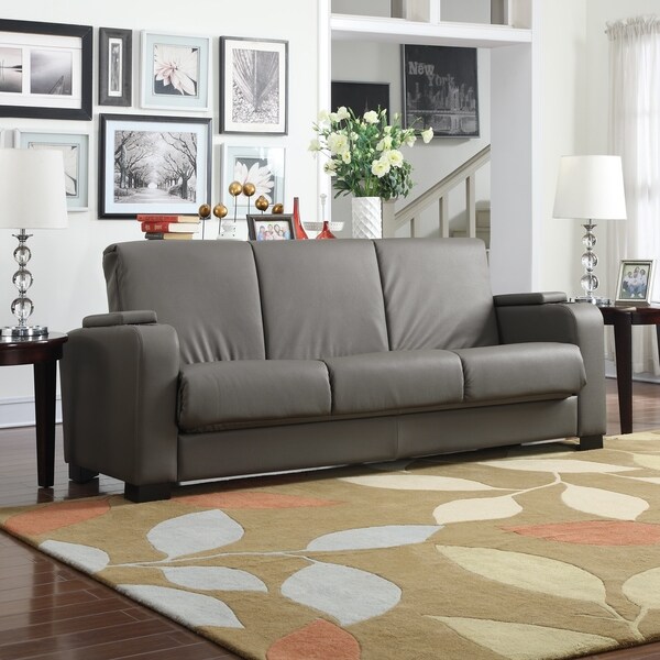 Shop Handy Living Olivia Storage Arm Convert A Couch Taupe Synthetic Leather Futon Sleeper Sofa Overstock 21321658