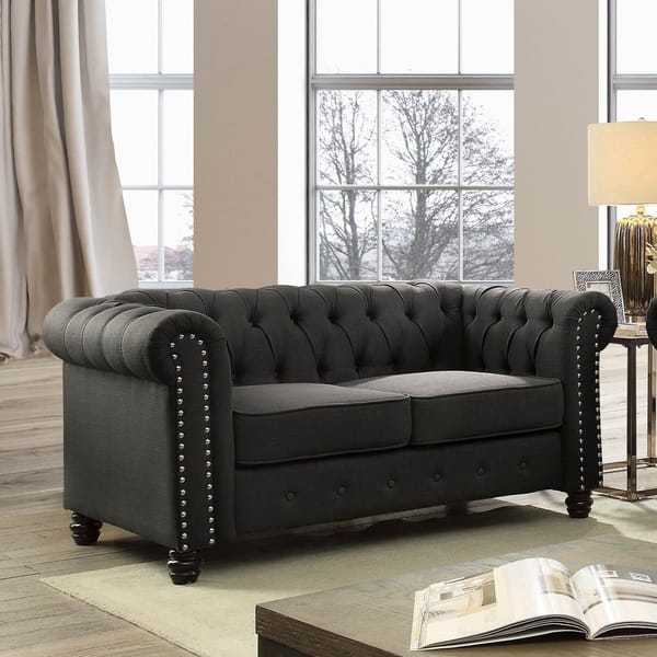 slide 2 of 9, Kevi Traditional Tufted Chesterfield Loveseat by Furniture of America Grey