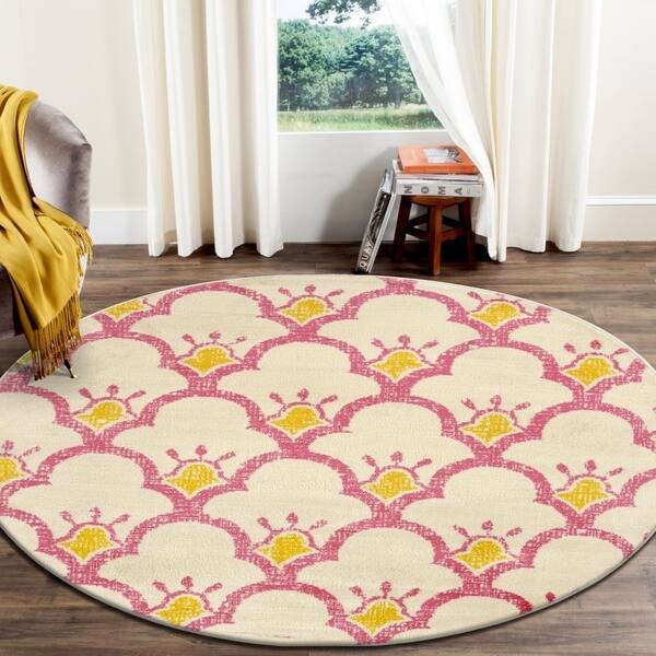 slide 2 of 7, Sevita Whimsical Shining Scales Cream / Pink Kids Area Rug ( 4'8" Round ) - 4'8" Round