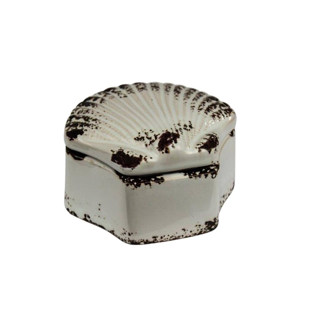 Sagebrook Home AC10003-02 Shell Covered Box, Distressed White Ceramic, 4 x 4 x 2 Inches
