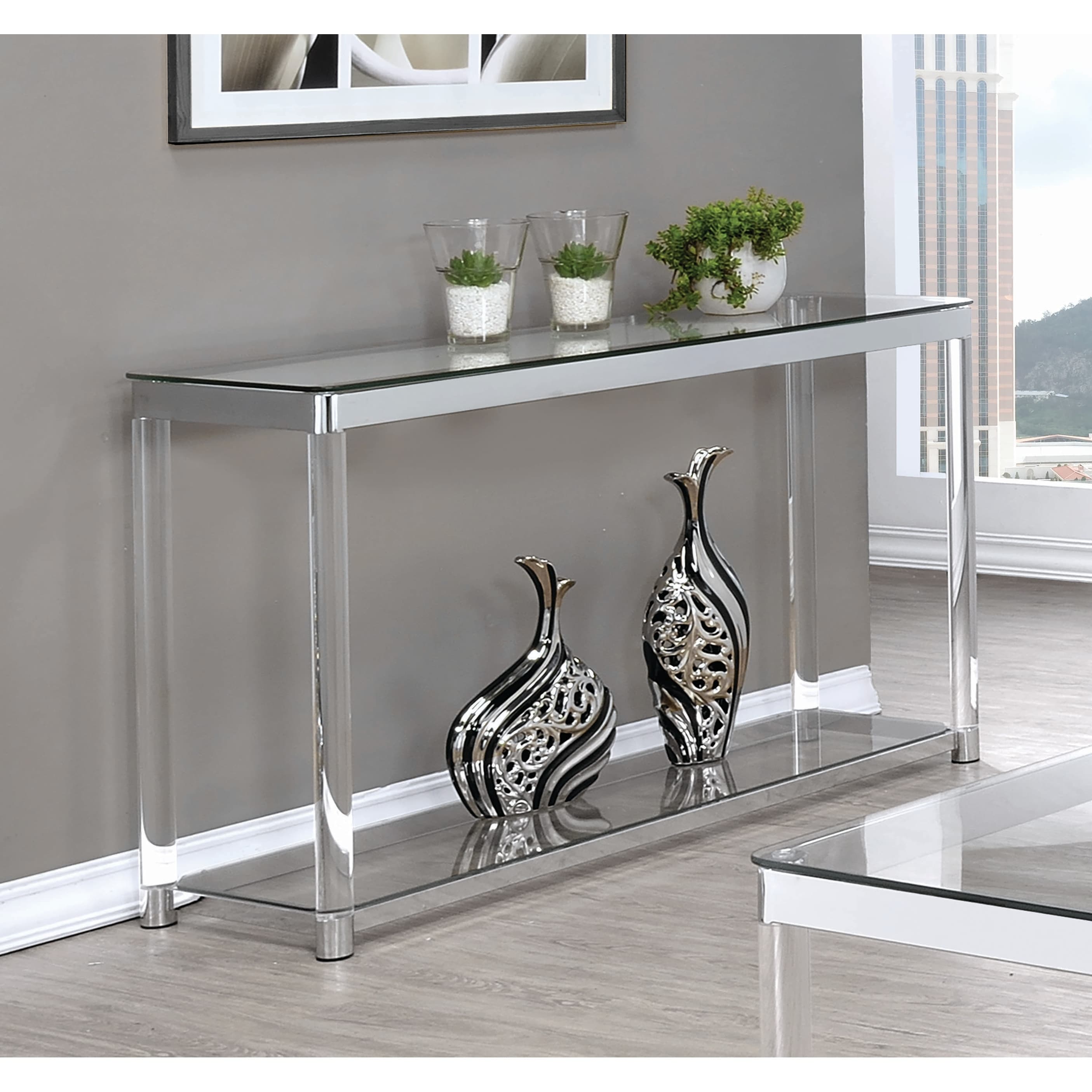 Trendy chrome and glass sofa table Contemporary Chrome Glass And Acrylic Sofa Table 48 X 15 75 30 On Sale Overstock 21339051