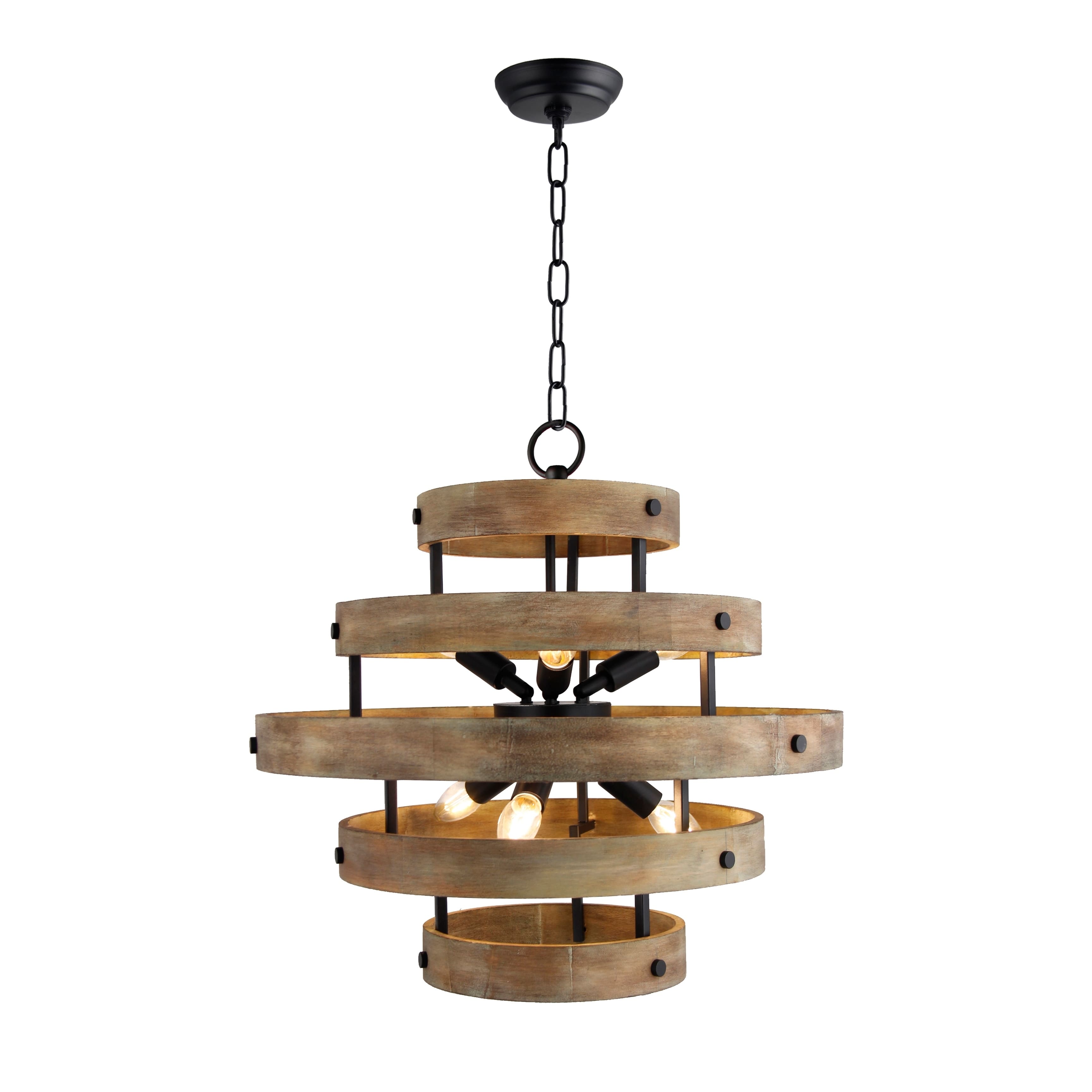 6 Light Wood Drum Chandelier in Matte Black and Natural Wood finish - Chandeliers For Bedrooms by Overstock.com
