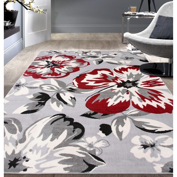 Modern Floral Circles Red Area Rug - 5' x 7'
