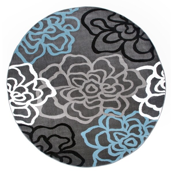 Contemporary Modern Floral Flowers D.Grey Round Area Rug - 6'6" round