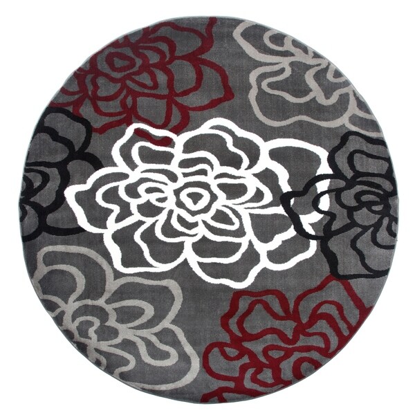 Contemporary Modern Floral Flowers Red-Grey Round Area Rug - 6'6" round