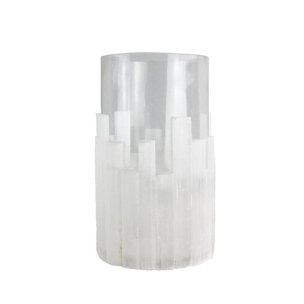 Sagebrook Home 13344-01 Selenite / Glass Hurricane, White Selenite/Glass, 8 x 8 x 11.5 Inches