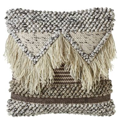 Hand Woven Grey Triangle Pillow with Fringe. (Each One Will Vary).