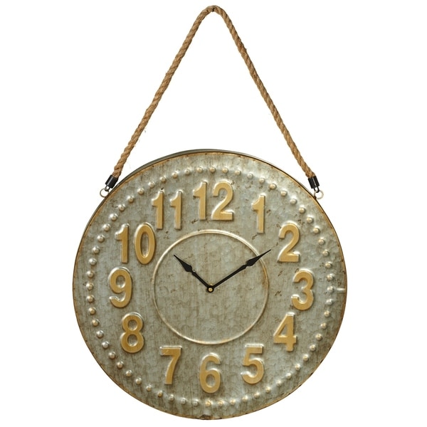 Galvanized Wall Clock with Gold Numbers.
