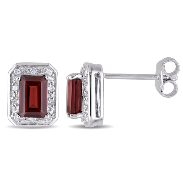 Miadora Sterling Silver Emerald Cut Garnet And 1 10ct Tdw Miadora Sterling Silver Emerald Cut Garnet And 1 10ct Tdw Diamond Halo Stud Earrings