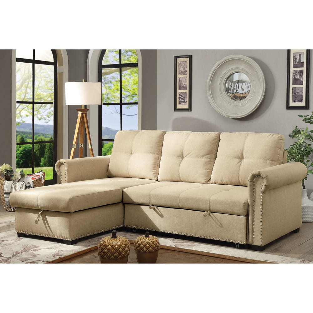 Furniture of America Dell Farmhouse Beige Sectional Sofa Sleeper