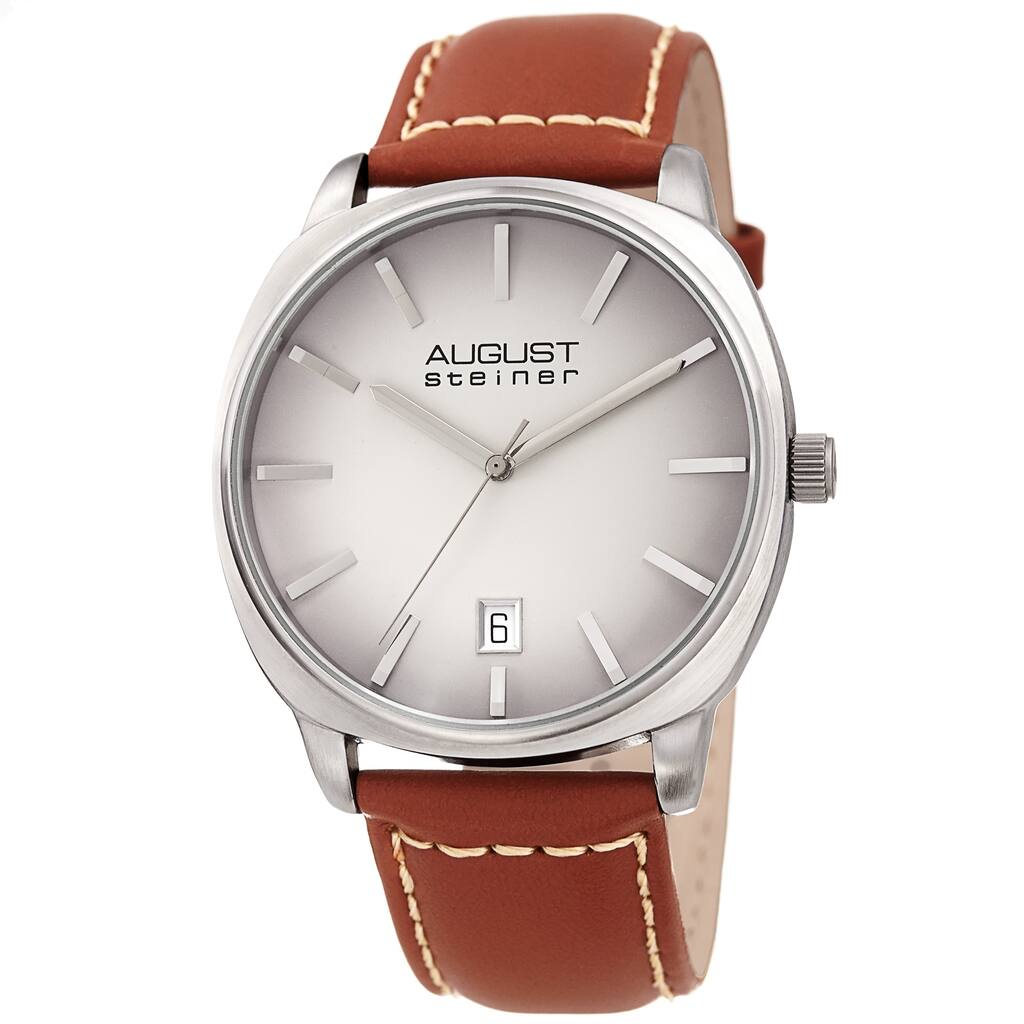 August Steiner Men's Classic Date Stitched Tan Leather Strap Watch