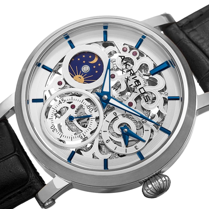 Akribos XXIV Men's Automatic Multifunction Dual-Time Skeleton Black Leather Strap Watch