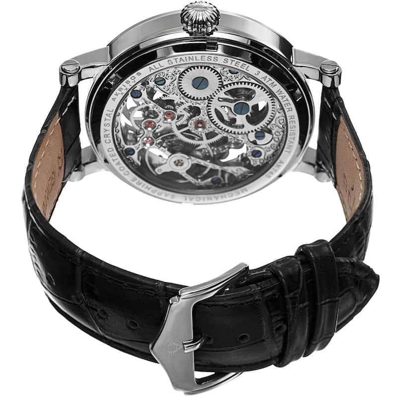 Akribos XXIV Men's Automatic Multifunction Dual-Time Skeleton Black Leather Strap Watch