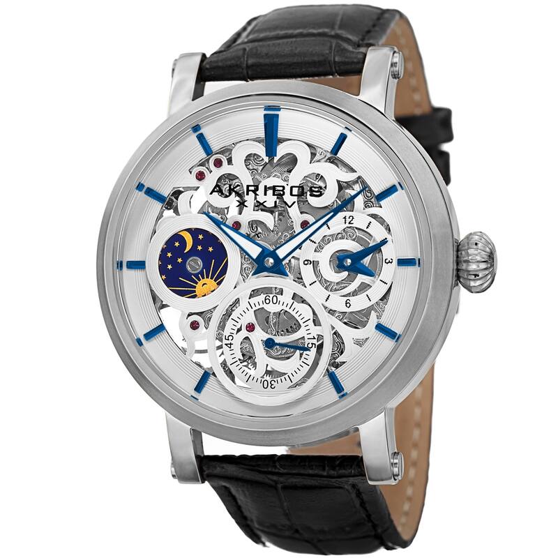 Akribos XXIV Men's Automatic Multifunction Dual-Time Skeleton Black Leather Strap Watch