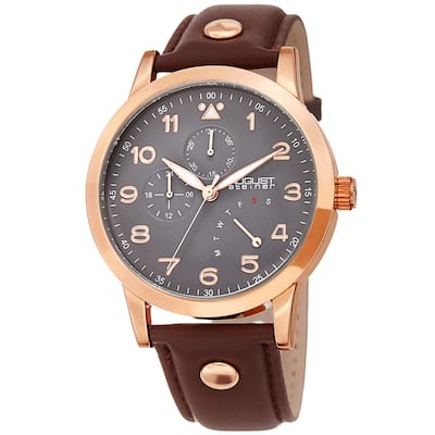 August Steiner Men's Date 24 Hour Pilot Style Retrograde Brown Leather Strap Watch