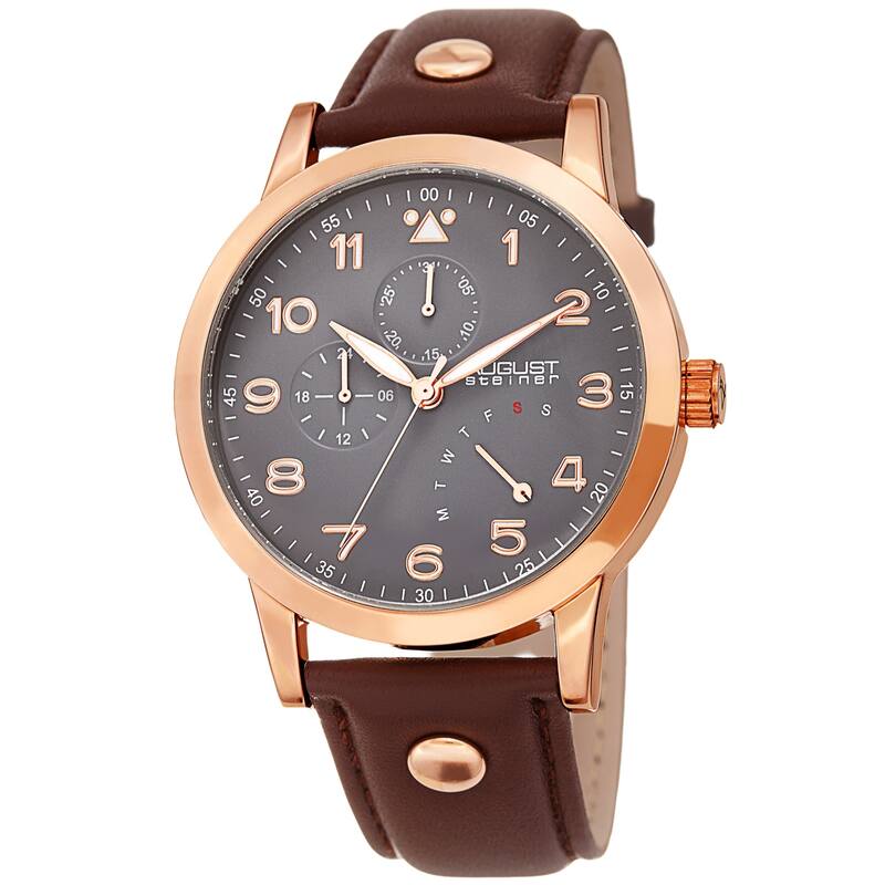 August Steiner Men's Date 24 Hour Pilot Style Retrograde Brown Leather Strap Watch