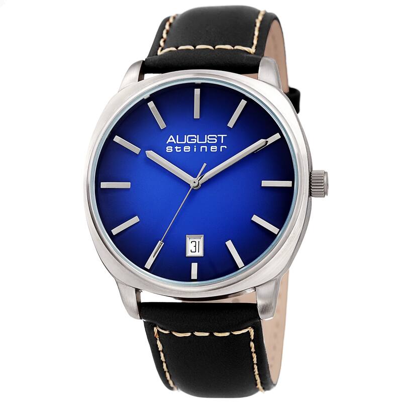 August Steiner Men's Classic Date Stitched Black Leather Strap Watch