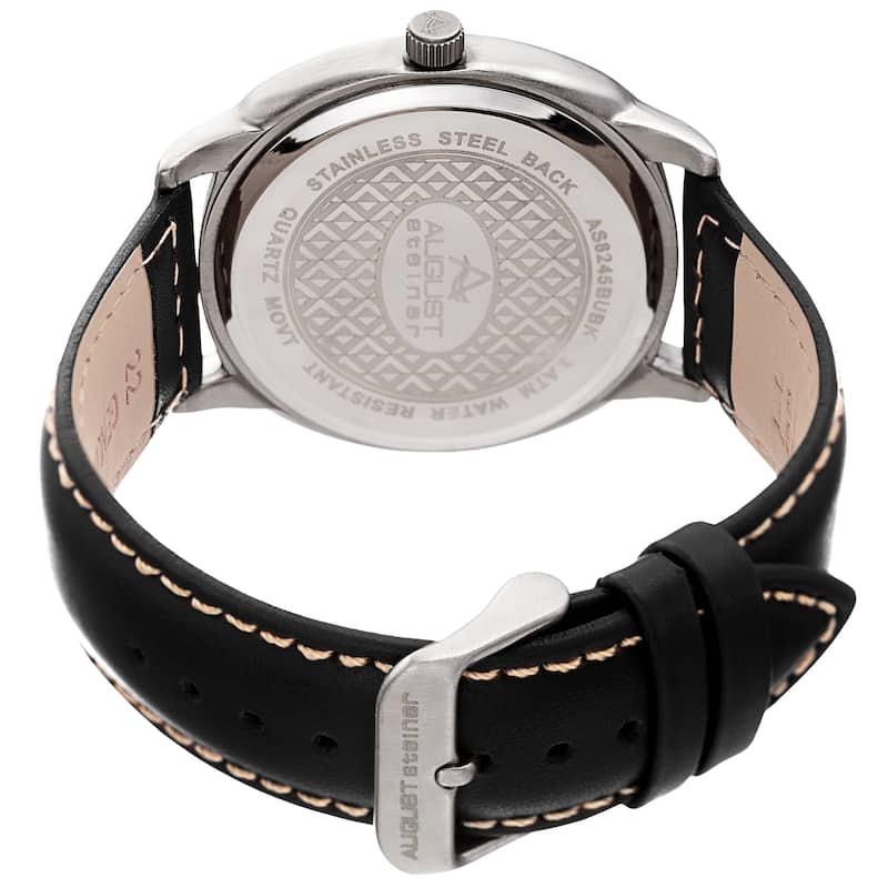 August Steiner Men's Classic Date Stitched Black Leather Strap Watch