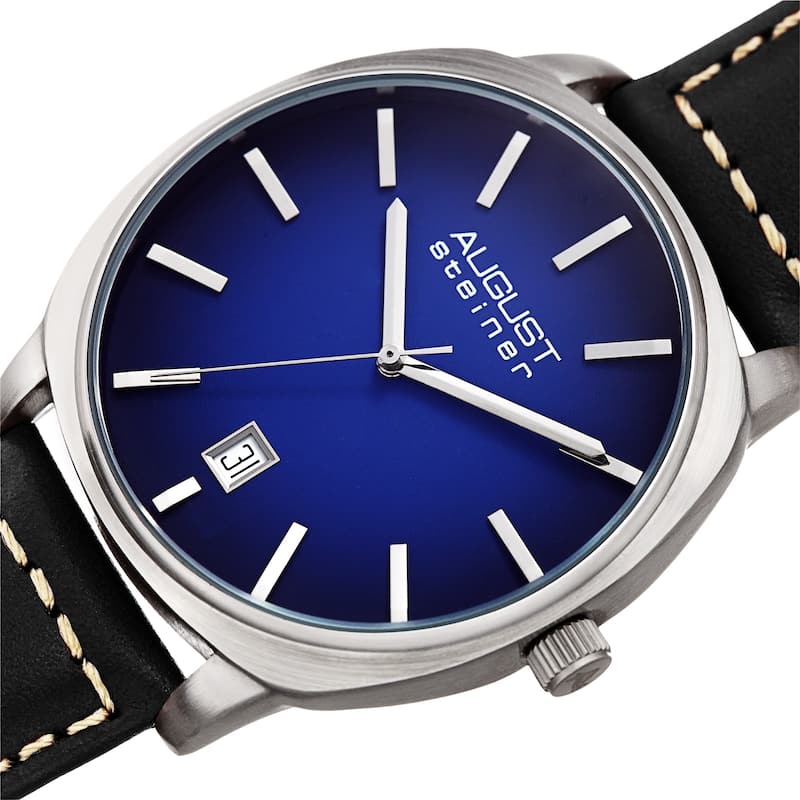 August Steiner Men's Classic Date Stitched Black Leather Strap Watch