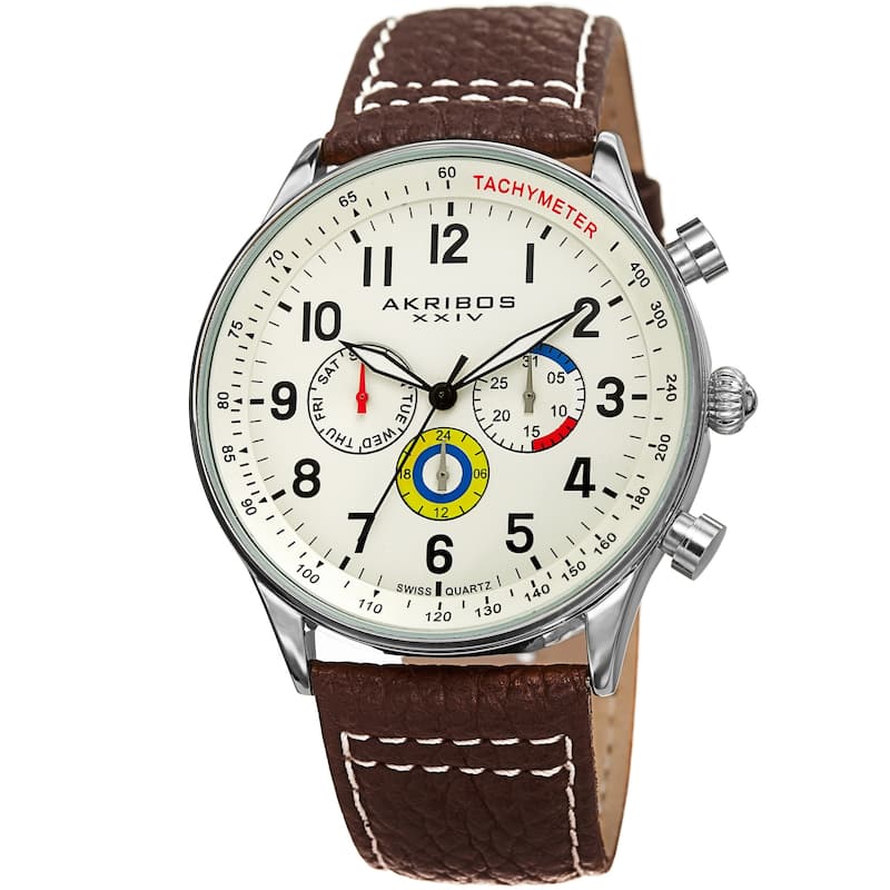 Akribos XXIV Men's Tachymeter Date Brown Leather Strap Watch