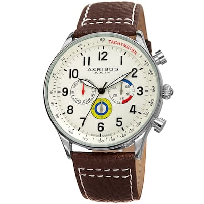 Akribos XXIV Men's Tachymeter Date Brown Leather Strap Watch