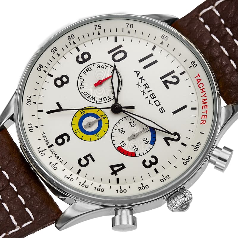 Akribos XXIV Men's Tachymeter Date Brown Leather Strap Watch