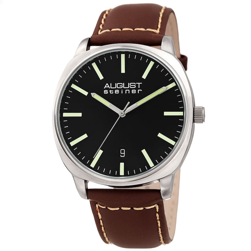 August Steiner Men's Classic Date Stitched Brown Leather Strap Watch