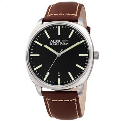 August Steiner Men's Classic Date Stitched Brown Leather Strap Watch