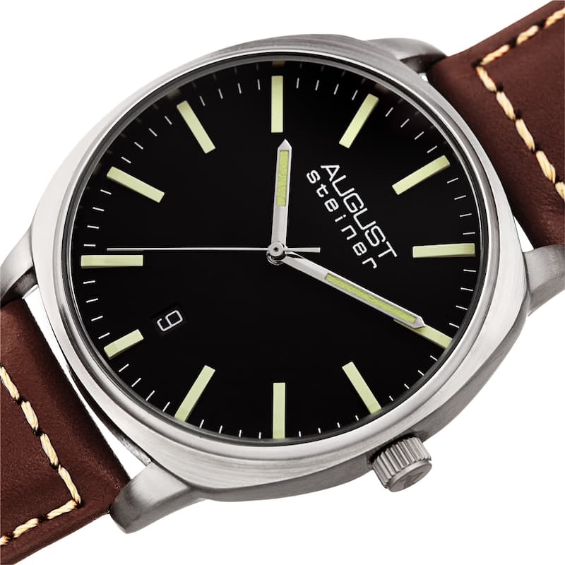 August Steiner Men's Classic Date Stitched Brown Leather Strap Watch