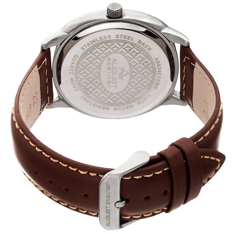 August Steiner Men's Classic Date Stitched Brown Leather Strap Watch