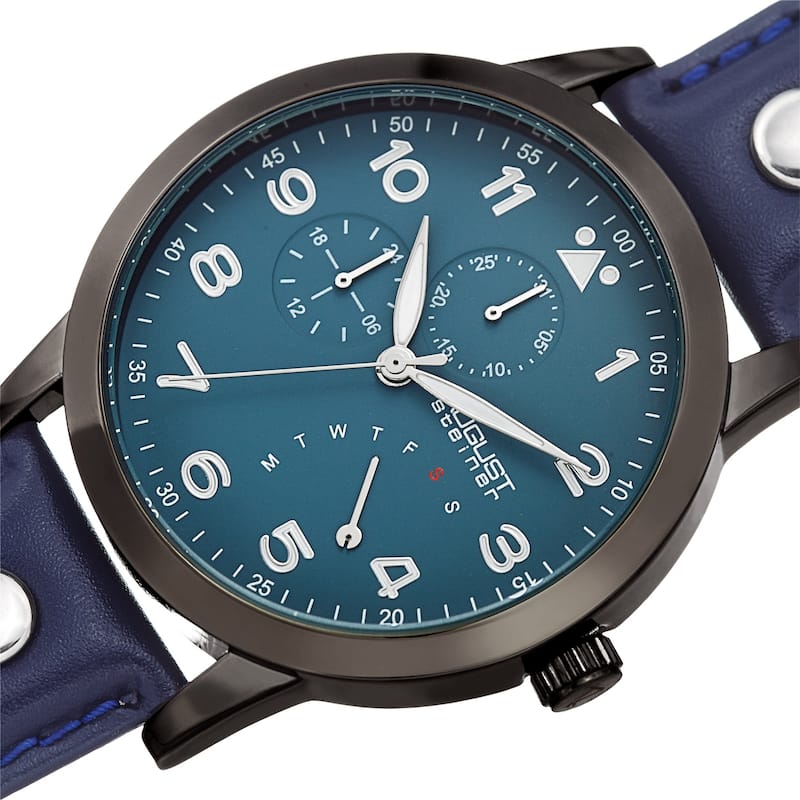 August Steiner Men's Date 24 Hour Pilot Style Retrograde Blue Leather Strap Watch