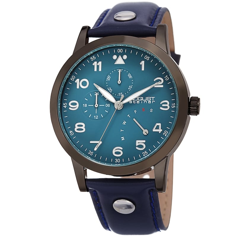 August Steiner Men's Date 24 Hour Pilot Style Retrograde Blue Leather Strap Watch