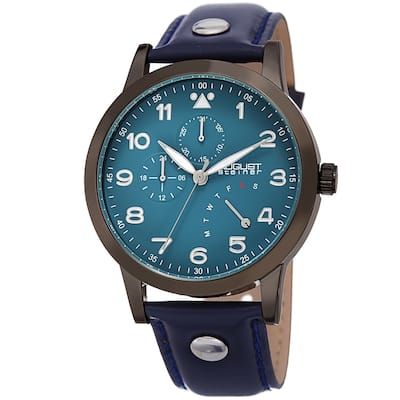 August Steiner Men's Date 24 Hour Pilot Style Retrograde Blue Leather Strap Watch