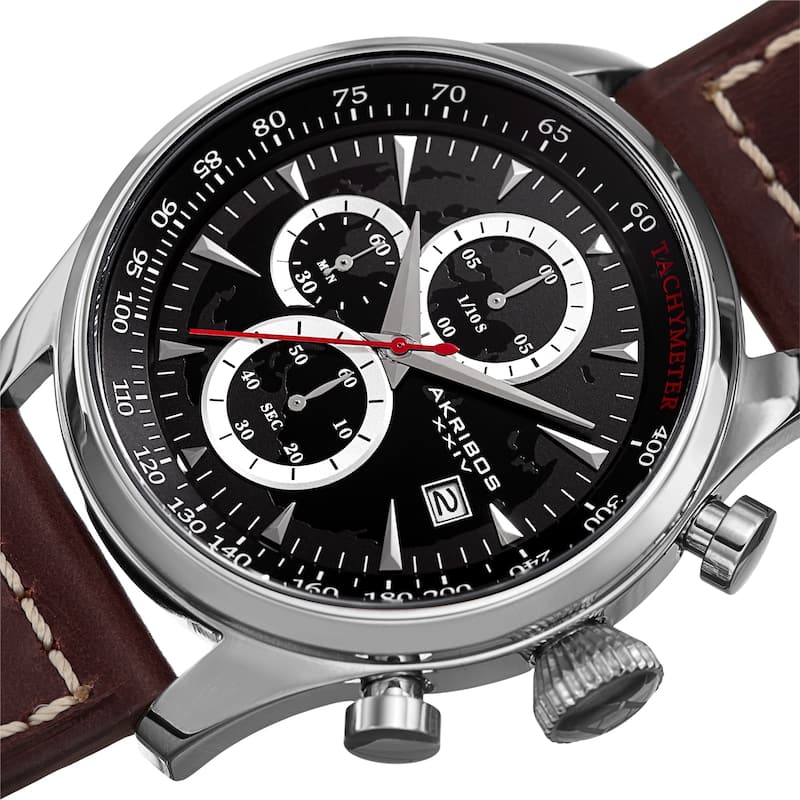 Akribos XXIV Men's Chronograph Brown Leather Stitched Strap Watch