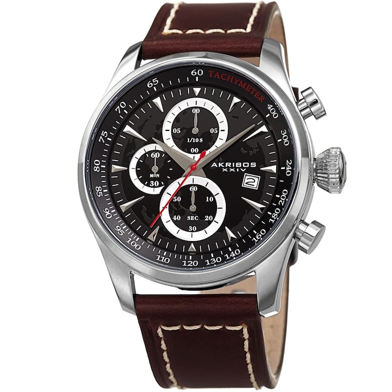 Akribos XXIV Men's Chronograph Brown Leather Stitched Strap Watch