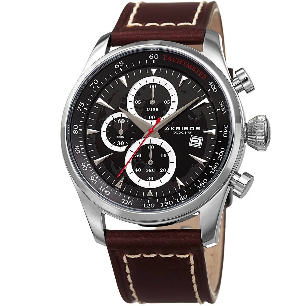 Akribos XXIV Men's Chronograph Brown Leather Stitched Strap Watch