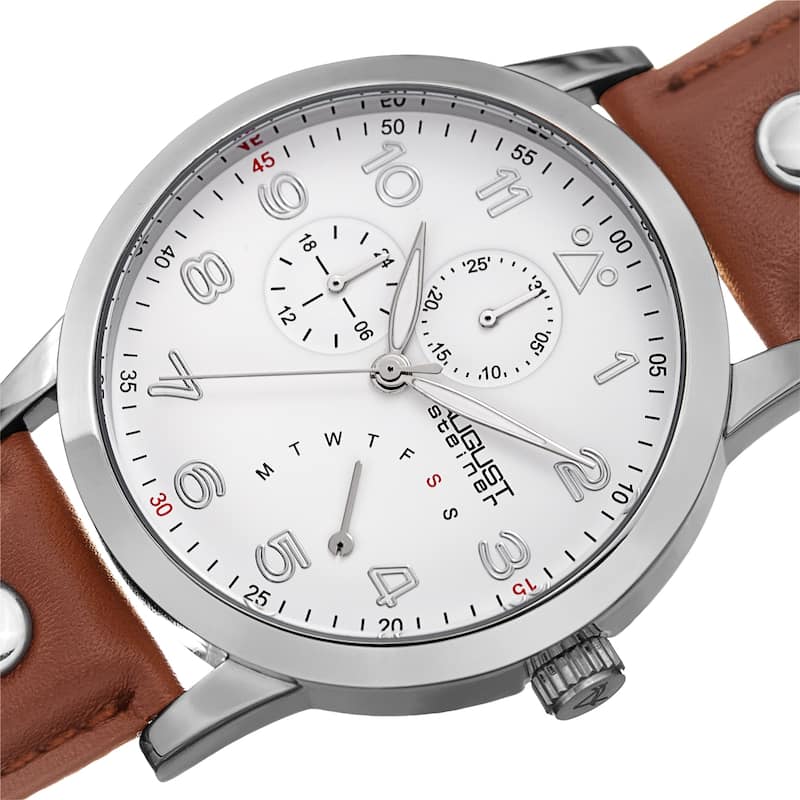 August Steiner Men's Date 24 Hour Pilot Style Retrograde Brown Leather Strap Watch
