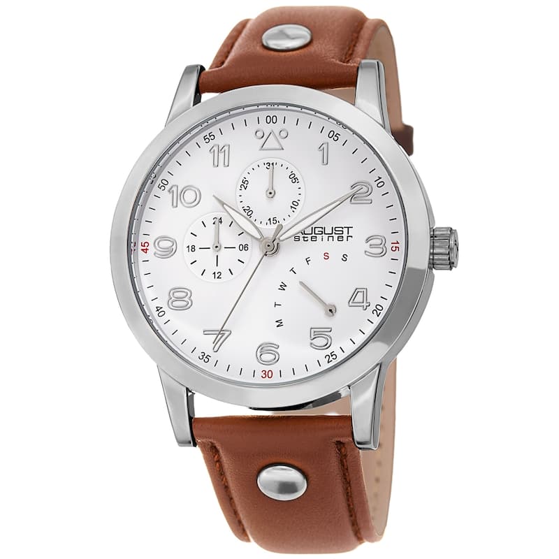 August Steiner Men's Date 24 Hour Pilot Style Retrograde Brown Leather Strap Watch