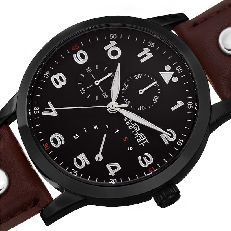 August Steiner Men's Date 24 Hour Pilot Style Retrograde Brown Leather Strap Watch